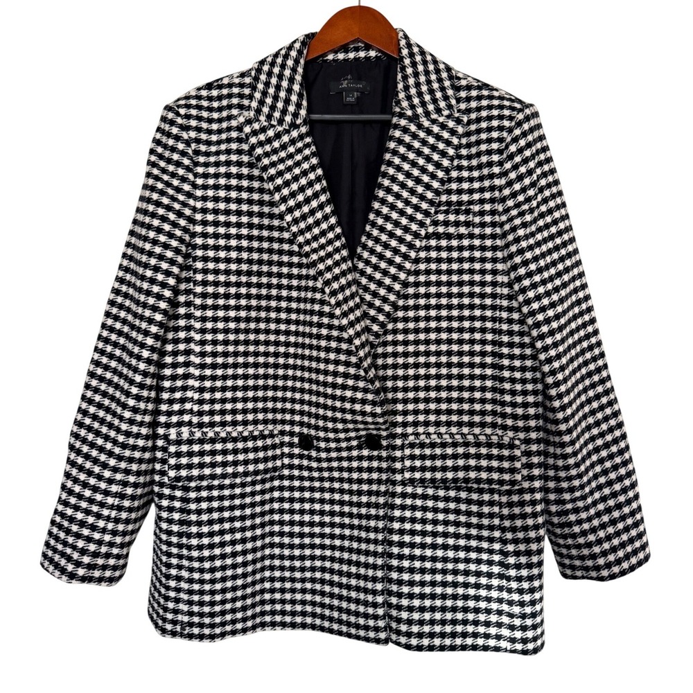 Ann Taylor Blazer Womens 14 Wool Blend Houndstooth Black White EUC